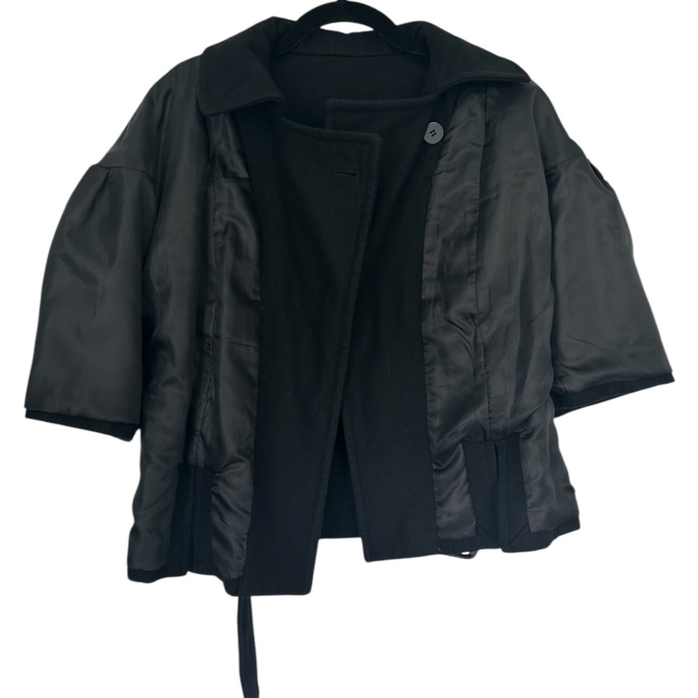 GUESS Women’s Dbl Breasted Pea Coat Black Wool Blend Cropped Belt 3/4 Sleeve S/P - Picture 9 of 14